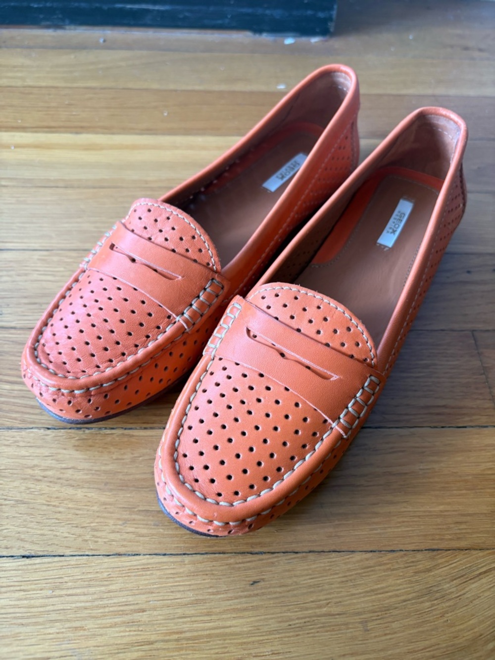 Geox Orange Perforated Leather Penny Loafers